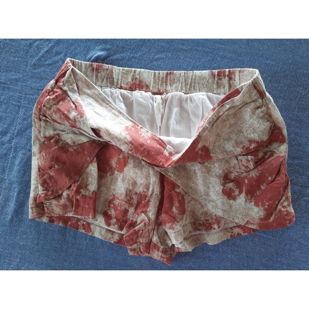 Free People‎ Floral Linen Blend Shorts Red Tan Elastic Waist Small OB1133036